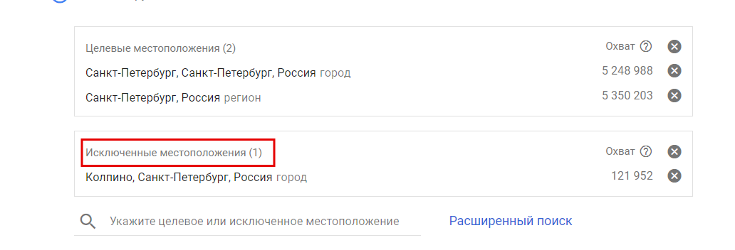 Исключенные местоположения