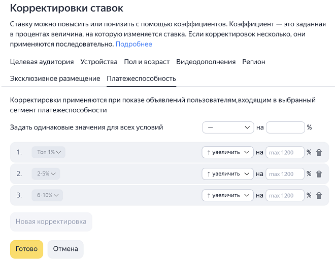 Корректировка по платежеспособности в Яндексе