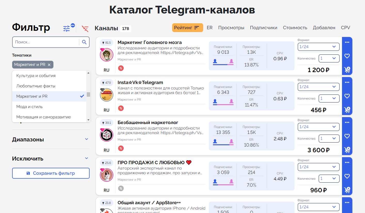 Каталог Telegram-каналов в тематике «Маркетинг, PR»