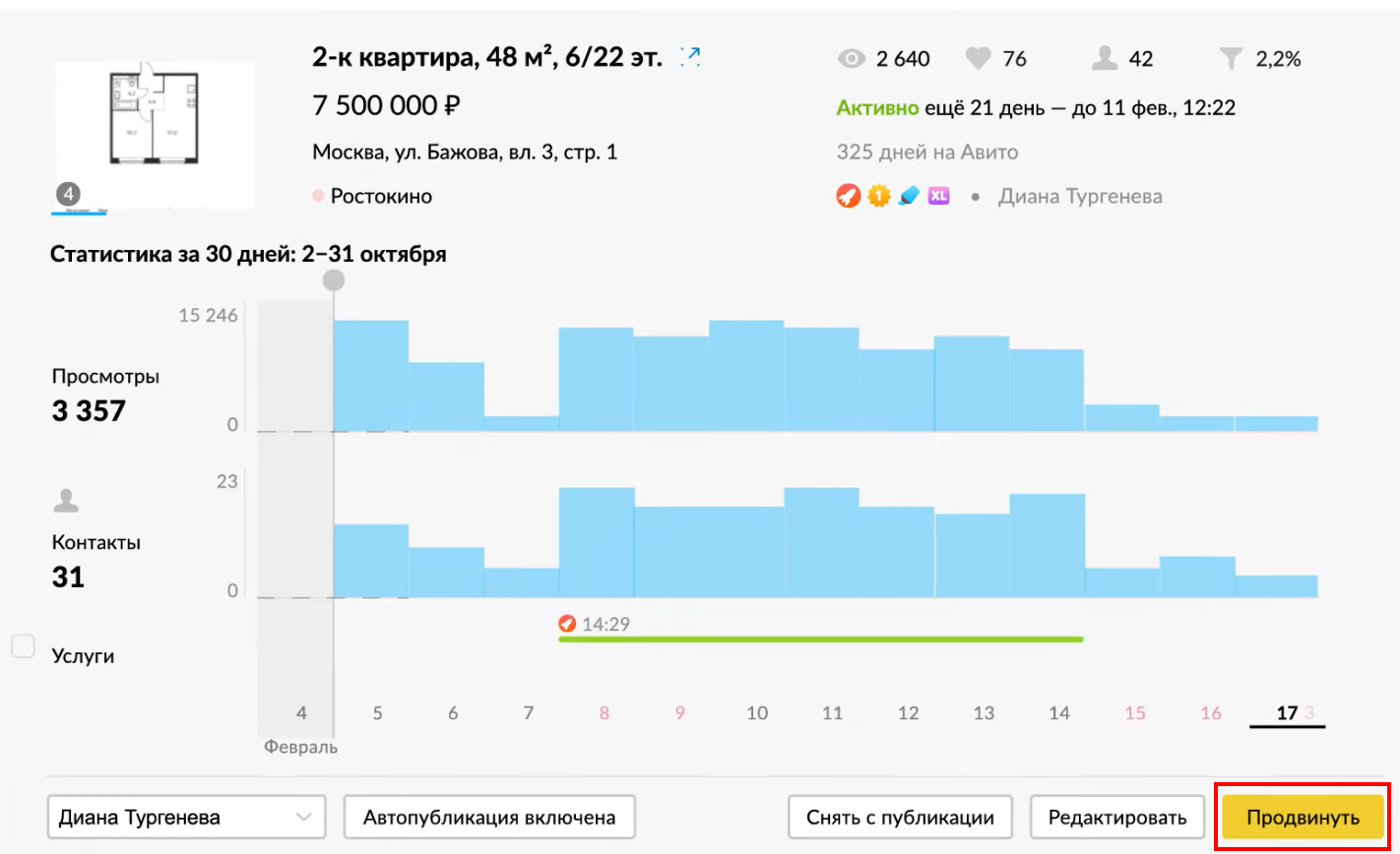 Продвижение объявления