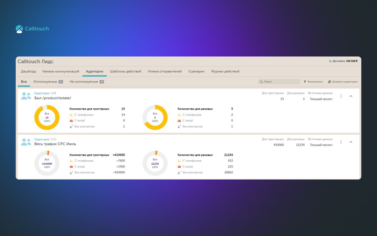 Аудитории на платформе Calltouch Лидс