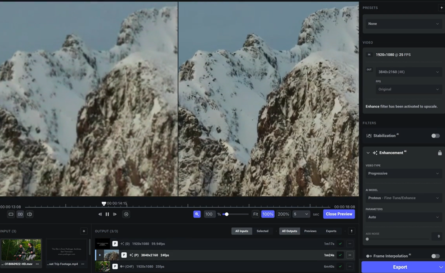 Интерфейс Topaz Video Enhance AI - нейросети, которая может улучшить качество видео