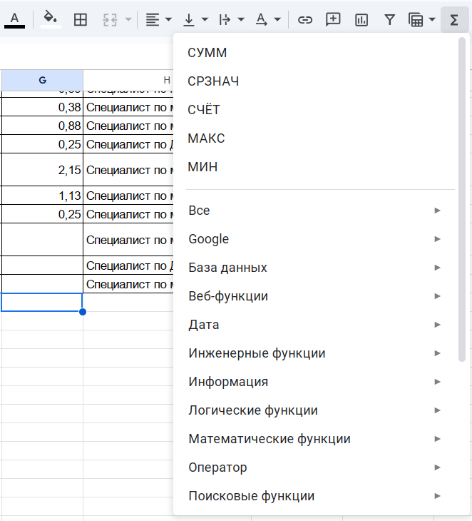 Источник: скриншот таблицы Google Sheet, использование функции СУММ эксель суммесли
