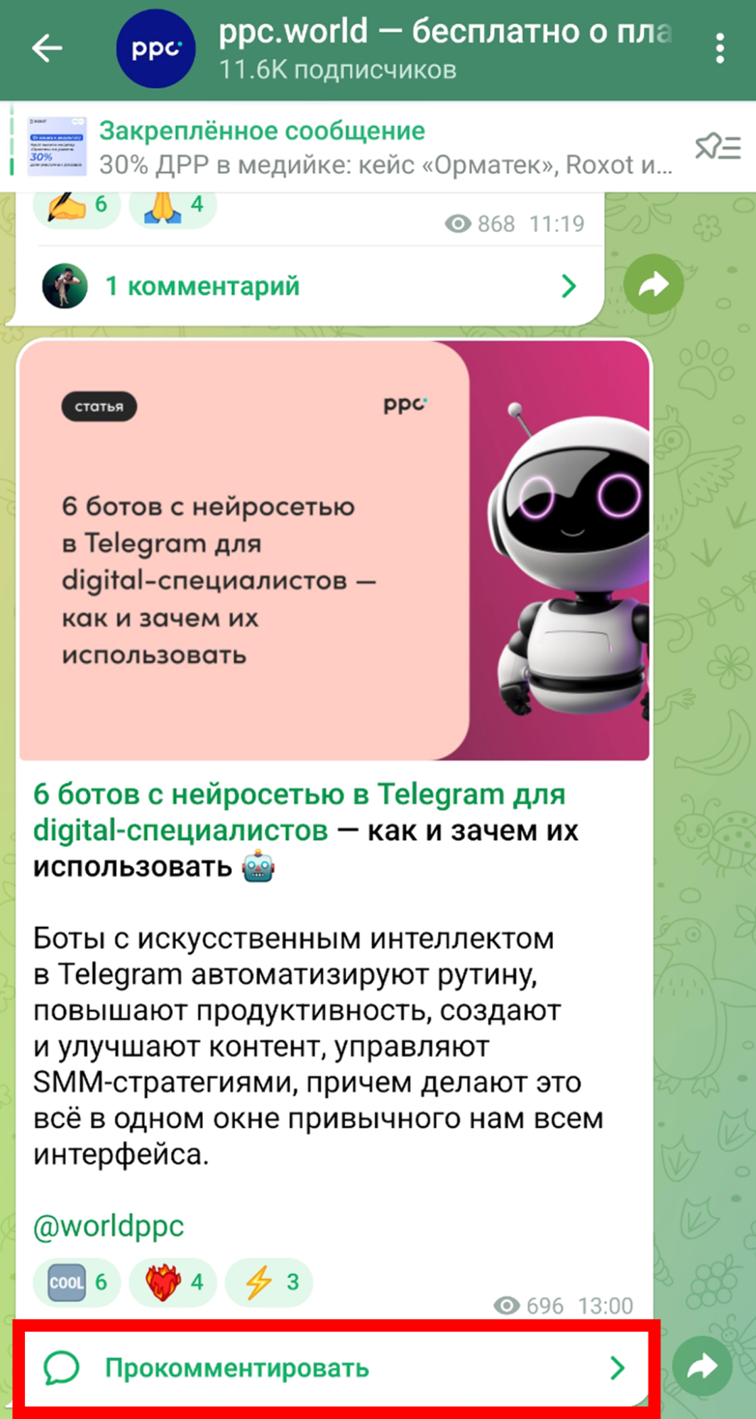 Источник: скриншот Telegram-канала ppc.world настройка комментариев