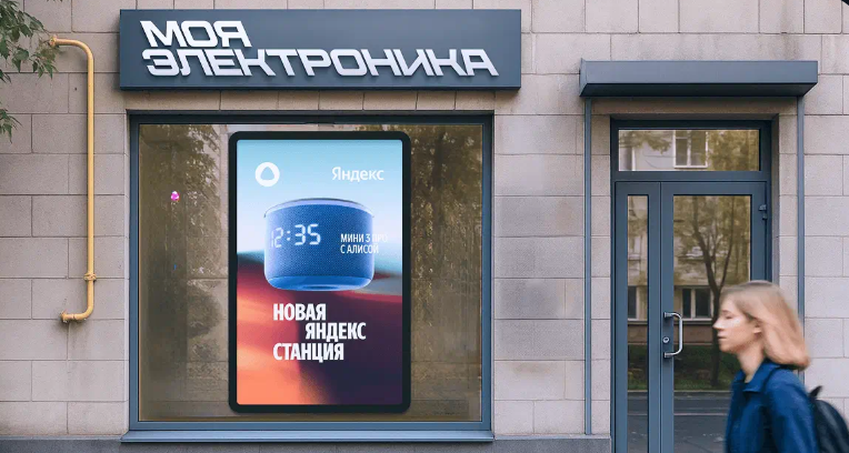 Офлайн-реклама в витрине магазина / Источник: лендинг Ритейл Медиа как запустить рекламу в витрине магазина