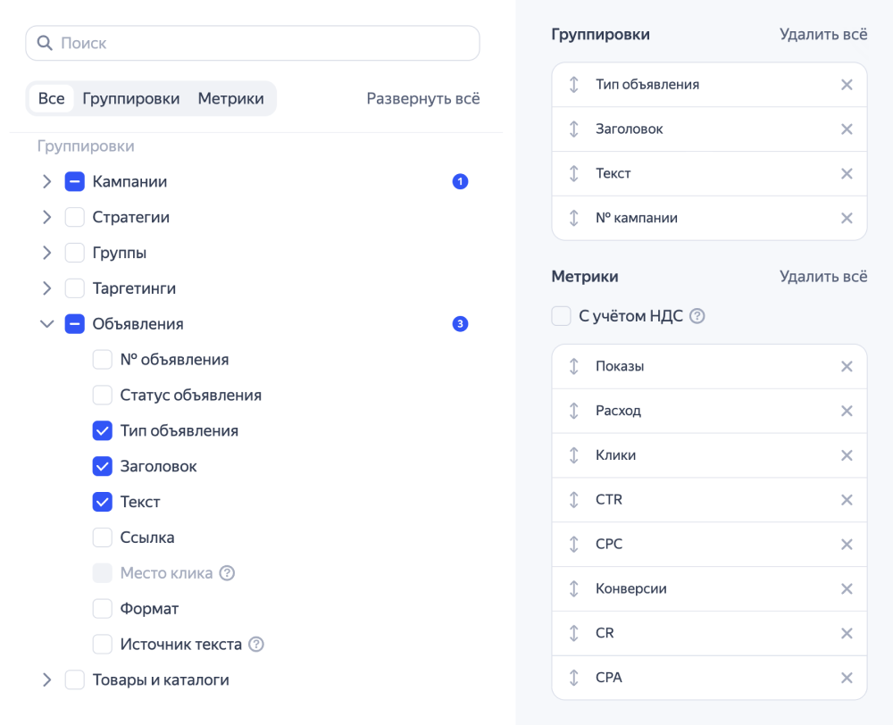 Комбинаторные объявления анализ эффективности, статистика