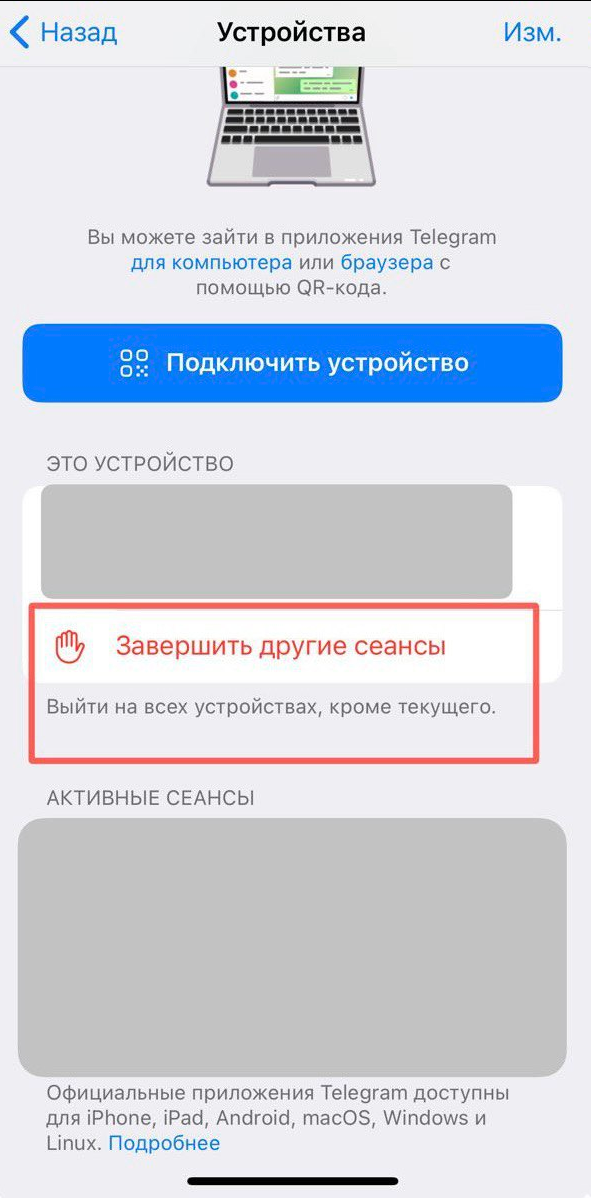 Источник: скриншот настроек мессенджера на iPhone понять что аккаунт в телеграм взломали