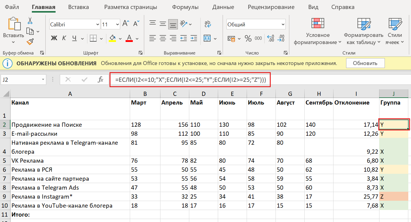 ABC/XYZ-анализ в маркетинге: формула классификации =ЕСЛИ(I2<=10;"X";ЕСЛИ(I2<=25;"Y";ЕСЛИ(I2>=25;"Z")))