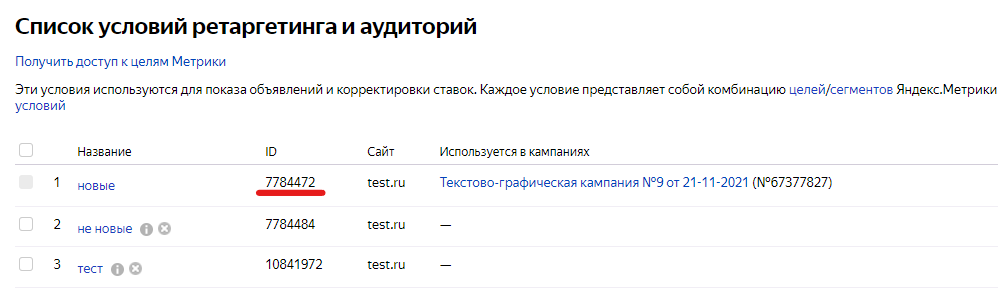 Копирование ID аудитории / Источник: скриншот кабинета Директа
