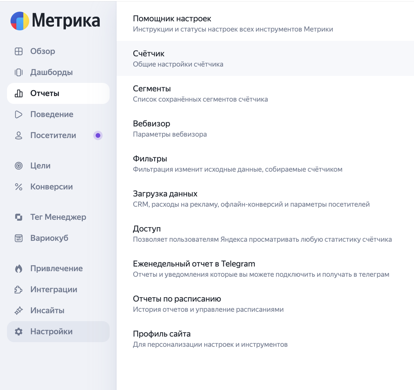 Настройки счетчика Метрики