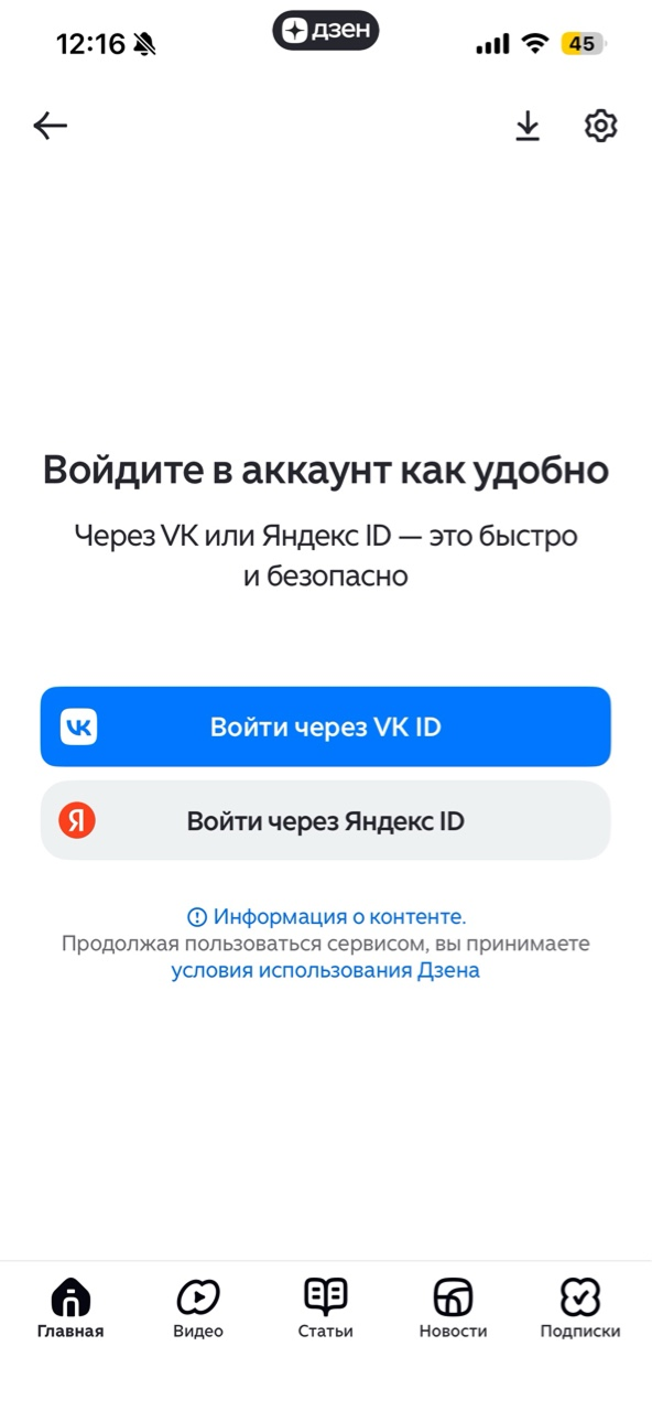 Инструкция, как настроить персональную ленту в Дзене на iOS / Источник: скриншот с приложения Дзена на iOS Авторизация в приложении "Дзен" на iOS: выбор между VK ID и Яндекс ID.
