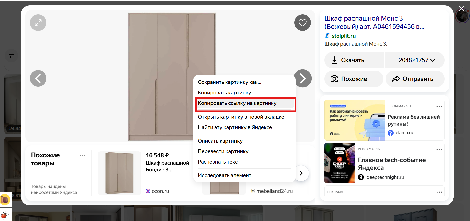 Демонстрация экрана с открытой картинкой и всплывающем меню с выделенной областью "Копировать ссылку на картинку"