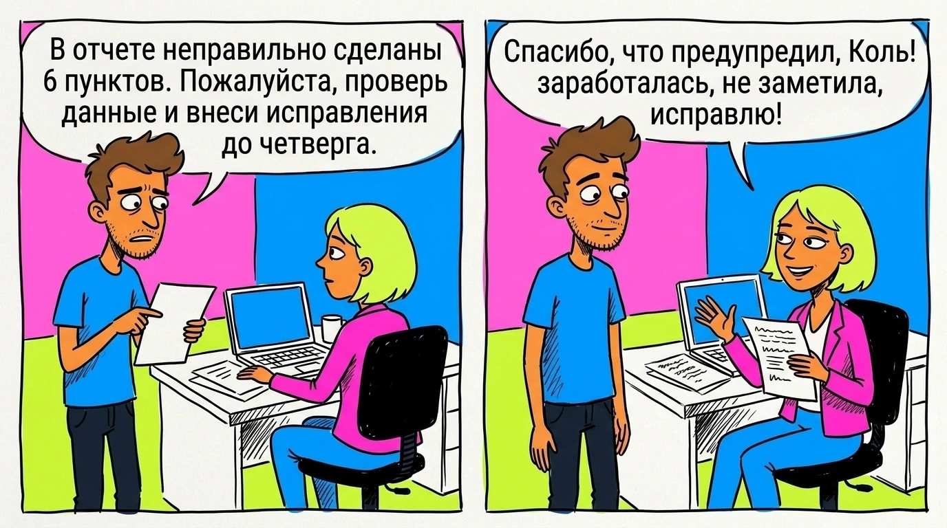 Пример: конструктивные правки, чтобы обратная связь в коллективе помогала решать конфликты